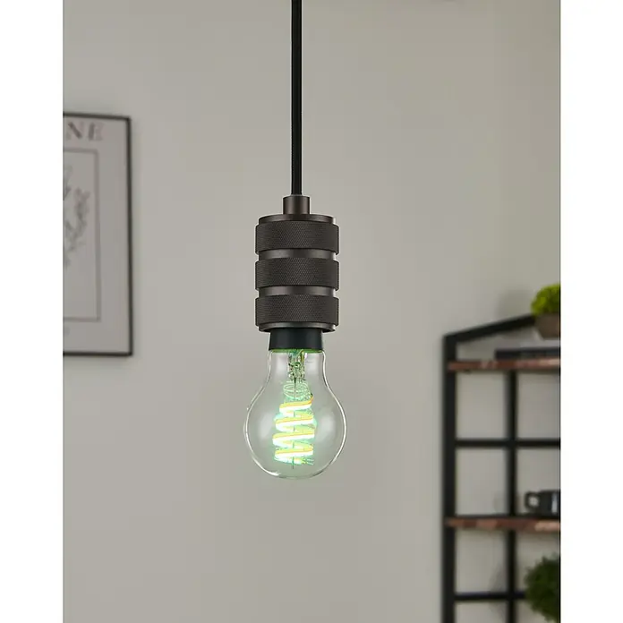 Eglo connect.z Smart-LED-Lampe - E27, Dimmbar, RGBW, 5 W, 400 lm, A60, 1 Stk. - Nahaufnahme einer einzelnen Pendelleuchte mit dekorativer Glühbirne und bronzefarbenem Lampensockel.