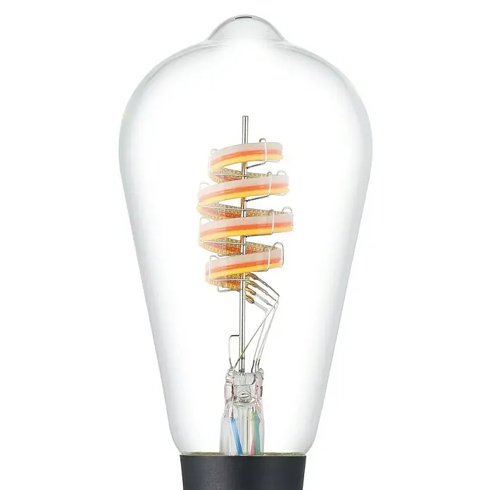 Eglo connect.z Smart-LED-Lampe - E27, Dimmbar, RGBW, 5 W, 400 lm, ST64, 1 Stk. - Nahaufnahme einer spiralförmigen LED-Glühbirne mit einem klaren, länglichen Gehäuse und bunten Akzenten.