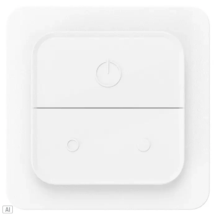 Eglo connect.z Funk-Wandschalter - L x B x H: 80 x 80 x 20 mm - Nahaufnahme einer weißen intelligenten Lichtsteuerung mit zwei Tasten und einem Netzschalter.