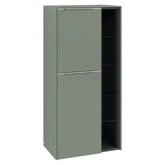 Villeroy & Boch Subway 3.0 Seitenschrank - B x T x H: 57,4 x 36,2 x 120 cm, Soft Green, DIN Anschlag: Links, Farbe Griff: Aluminium glänzend - Moderner, grauer Wandschrank mit Schiebetüren und Glasböden für stilvolle Aufbewahrung im Wohnbereich.