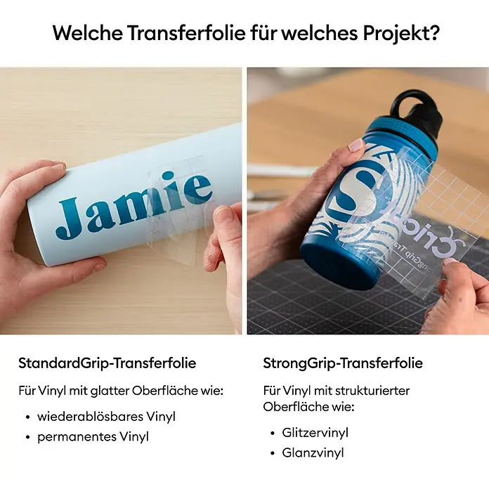 Cricut Transferfolie Transfer Tape - L x B: 121,9 x 30,5 cm, Passend für: Cricut Maker - Bild zeigt den Unterschied zwischen StandardGrip- und StrongGrip-Transferfolie für Vinylprojekte mit glatten oder strukturierten Oberflächen.