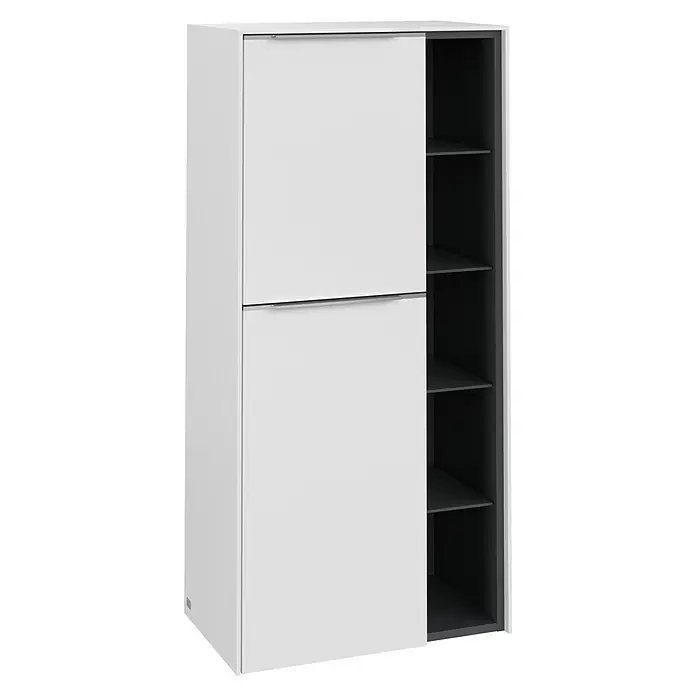 Villeroy & Boch Subway 3.0 Seitenschrank - B x T x H: 57,4 x 36,2 x 120 cm, Pure White, DIN Anschlag: Links, Farbe Griff: Aluminium glänzend - Moderner, weißer Kleiderschrank mit Schiebetüren und dunklen Regalen im Inneren für stilvolle Aufbewahrung.