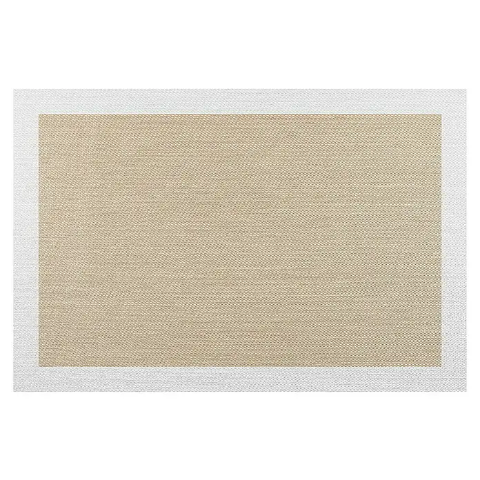 Alfombra de vinilo Living - Beige/Blanco, 180 x 120 cm - Textura de tela beige con borde blanco. Lino natural para tapicería, cortinas y decoración con un aspecto neutro y elegante.