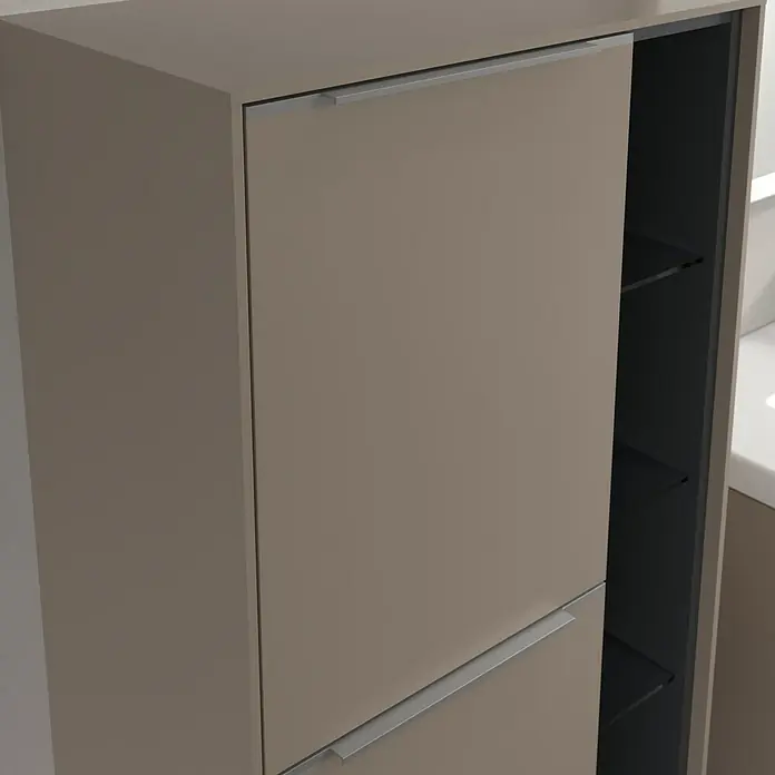 Villeroy & Boch Subway 3.0 Seitenschrank - B x T x H: 57,4 x 36,2 x 120 cm, Taupe, DIN Anschlag: Links, Farbe Griff: Aluminium glänzend - Dieser elegante Schuhschrank in Beige mit silbernen Griffen bietet eine stilvolle Aufbewahrungslösung für Ihren Eingangsbereich.