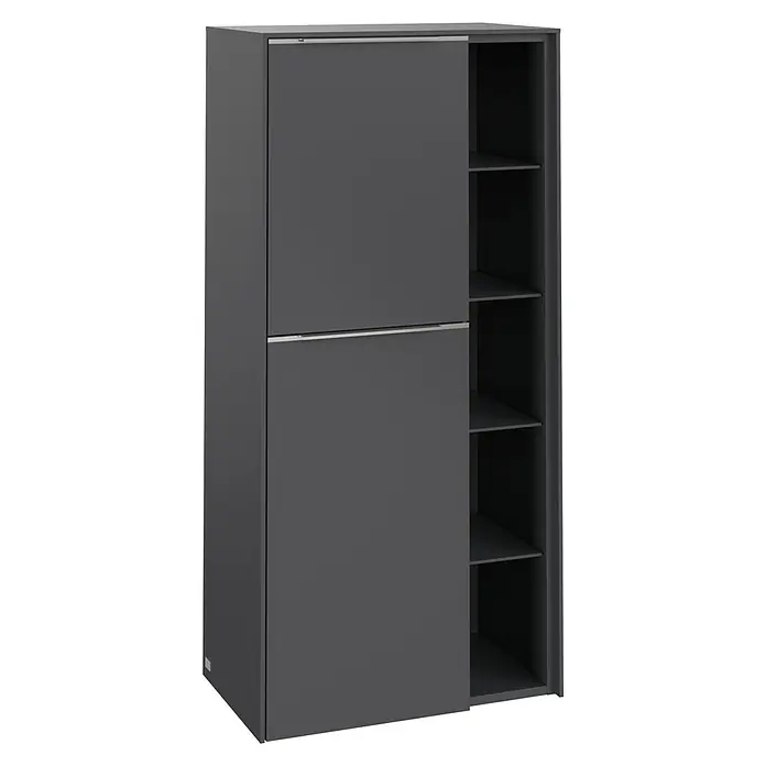 Villeroy & Boch Subway 3.0 Seitenschrank - B x T x H: 57,4 x 36,2 x 120 cm, Graphite, DIN Anschlag: Links, Farbe Griff: Aluminium glänzend - Ein grauer Kleiderschrank mit Schiebetüren und Regalen bietet viel Stauraum für Kleidung und Accessoires. Praktisch und stilvoll.