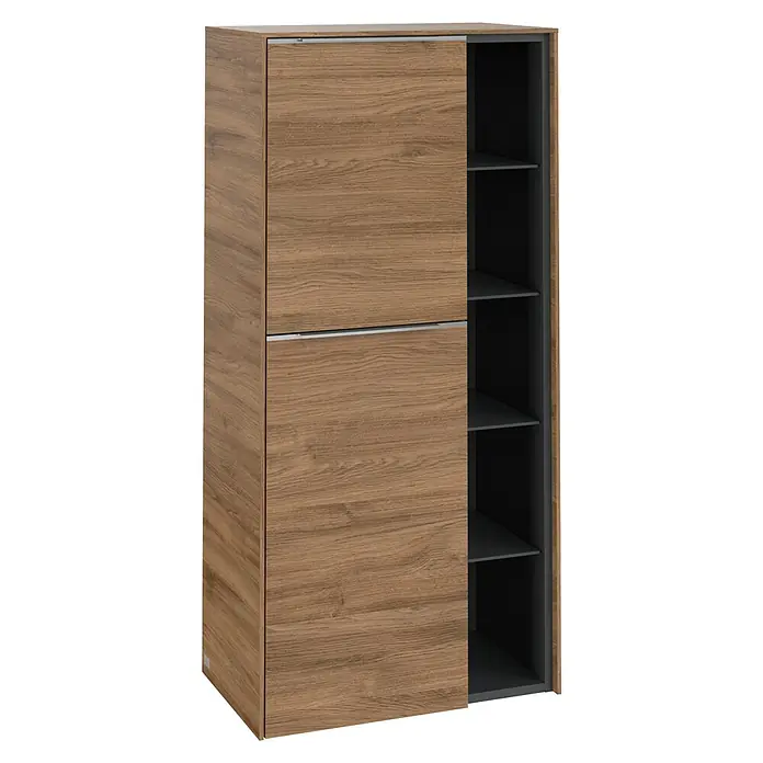 Villeroy & Boch Subway 3.0 Seitenschrank - B x T x H: 57,4 x 36,2 x 120 cm, Kansas Oak, DIN Anschlag: Links, Farbe Griff: Aluminium glänzend - Ein eleganter Holzschrank mit Schiebetür und mehreren Regalen. Perfekt für stilvolle Aufbewahrung im modernen Zuhause.