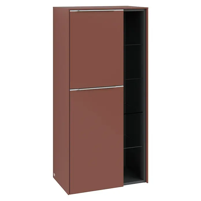 Villeroy & Boch Subway 3.0 Seitenschrank - B x T x H: 57,4 x 36,2 x 120 cm, Wine Red, DIN Anschlag: Links, Farbe Griff: Aluminium glänzend - Moderner Schrank in Terrakotta mit verschiebbarer Tür und Regalen. Ideal für stilvolle Aufbewahrung.