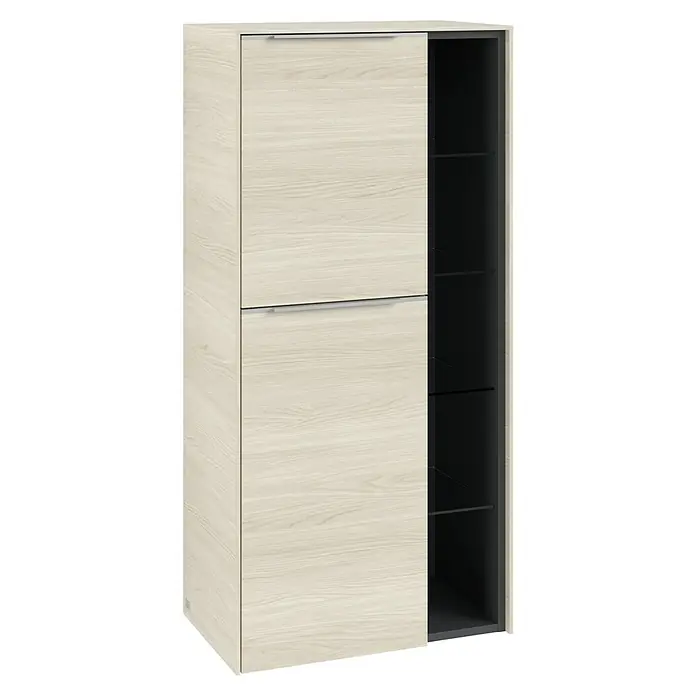 Villeroy & Boch Subway 3.0 Seitenschrank - B x T x H: 57,4 x 36,2 x 120 cm, White Oak, DIN Anschlag: Links, Farbe Griff: Aluminium glänzend - Ein stilvoller Schrank mit zwei Schubladen und offenem Regalbereich, ideal für moderne Wohnräume.