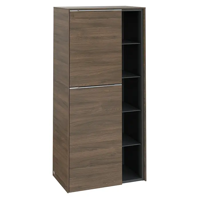 Villeroy & Boch Subway 3.0 Seitenschrank - B x T x H: 57,4 x 36,2 x 120 cm, Arizona Oak, DIN Anschlag: Links, Farbe Griff: Aluminium glänzend - Modernes Schuhschrank-Design mit Holzstruktur und Schiebetüren, ideal für die stilvolle Aufbewahrung von Schuhen.