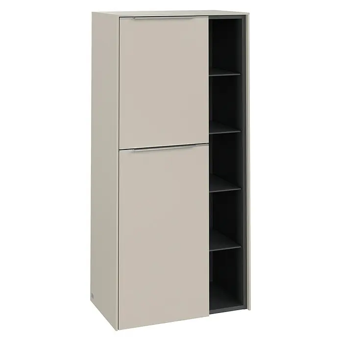 Villeroy & Boch Subway 3.0 Seitenschrank - B x T x H: 57,4 x 36,2 x 120 cm, Cashmere Grey, DIN Anschlag: Links, Farbe Griff: Aluminium glänzend - Eleganter Schuhschrank in Beige mit Schiebetür und praktischen Ablagefächern, ideal für eine stilvolle Aufbewahrung Ihrer Schuhe.