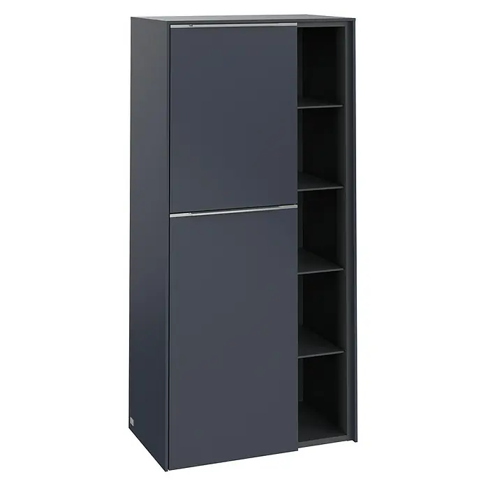 Villeroy & Boch Subway 3.0 Seitenschrank - B x T x H: 57,4 x 36,2 x 120 cm, Marine Blue, DIN Anschlag: Links, Farbe Griff: Aluminium glänzend - Grauer Kleiderschrank mit Schiebetüren und Regalen. Ideal für die Aufbewahrung von Kleidung und Accessoires.