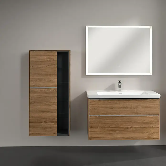 Villeroy & Boch Subway 3.0 Seitenschrank - B x T x H: 57,4 x 36,2 x 120 cm, Kansas Oak, DIN Anschlag: Links, Farbe Griff: Aluminium glänzend - Modernes Badezimmer-Set mit Waschtisch, Spiegelschrank und Hochschrank in Holzoptik. Das Design vereint Funktionalität mit Ästhetik für Ihr Bad.