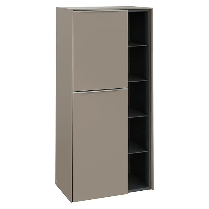 Villeroy & Boch Subway 3.0 Seitenschrank - B x T x H: 57,4 x 36,2 x 120 cm, Taupe, DIN Anschlag: Links, Farbe Griff: Aluminium glänzend - Elegantes Schuhschrank-Design mit Schiebetür und offenem Regalbereich in modernem Taupe-Farbton. Praktische Aufbewahrungslösung für den Flur.