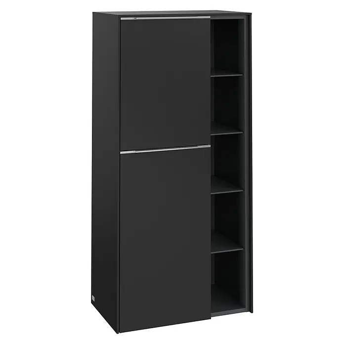 Villeroy & Boch Subway 3.0 Seitenschrank - B x T x H: 57,4 x 36,2 x 120 cm, Volcano Black, DIN Anschlag: Links, Farbe Griff: Aluminium glänzend - Schwarzer Kleiderschrank mit Schiebetüren, der zusätzlichen Stauraum bietet. Das moderne Möbelstück verfügt über mehrere Einlegeböden.