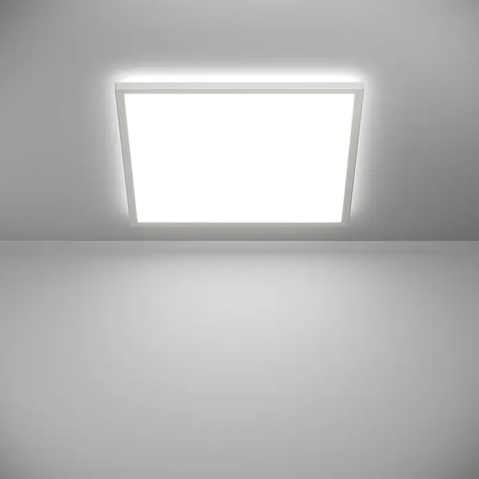 Eglo LED-Deckenleuchte Rovito - 17 W, L x B x H: 50 x 50 x 3,2 cm, Weiß, Tageslichtweiß - Nahaufnahme einer quadratischen LED-Deckenleuchte, die helles Licht in einem modernen Raum ausstrahlt. Perfekt für minimalistische Innenräume.