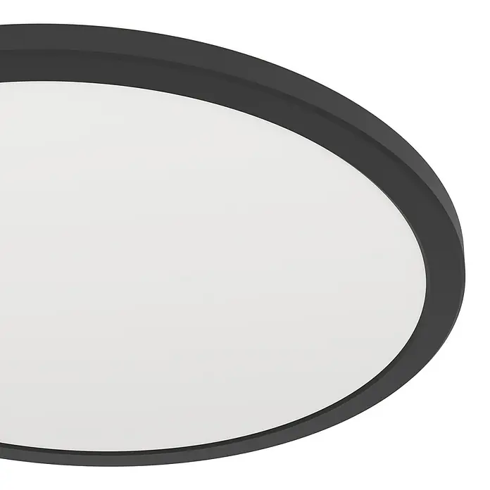 Eglo LED-Deckenleuchte rund Rovito-R - 18,5 W, Ø x H: 38,9 x 3 cm, Schwarz, Tageslichtweiß - Nahaufnahme einer stilvollen, runden Deckenleuchte mit einem schlanken, grauen Rahmen und einem diffusen, weißen Licht. Perfekt für modernes Interieur.