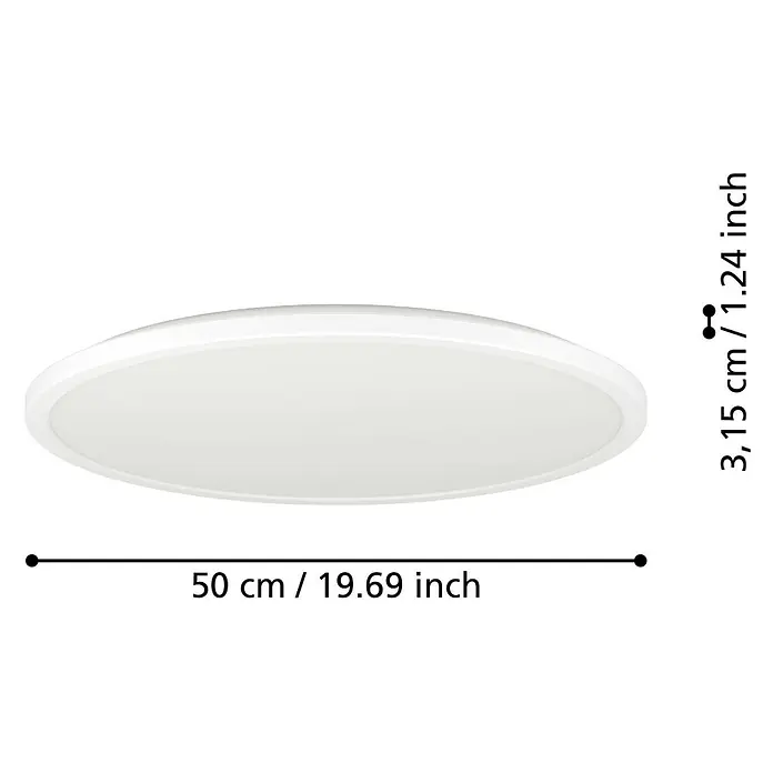 Eglo LED-Deckenleuchte Rovito - 16,8 W, Ø x H: 50 x 3 cm, Weiß, Warmweiß - Dieses Bild zeigt eine flache, runde Deckenleuchte in Weiß mit Maßangaben für Durchmesser und Höhe.