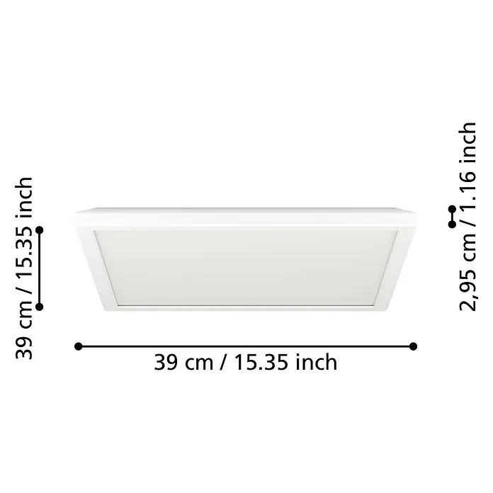Eglo LED-Deckenleuchte Rovito - 17,6 W, L x B x H: 39 x 39 x 3 cm, Weiß, Tageslichtweiß - Produktbild mit den Maßen der LED-Deckenleuchte.