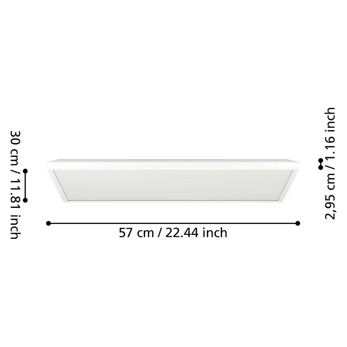 Eglo LED-Deckenleuchte Rovito - 17,2 W, L x B x H: 57 x 30 x 3 cm, Weiß, Tageslichtweiß - Abbildung der Maße der Deckenleuchte, mit einer Länge von 57 cm, einer Breite von 30 cm und einer Höhe von 2,95 cm.