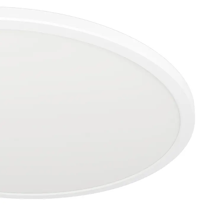 Eglo LED-Deckenleuchte Rovito - 16,8 W, Ø x H: 50 x 3 cm, Weiß, Warmweiß - Nahaufnahme einer runden, weißen Deckenleuchte, die ein modernes und minimalistisches Design aufweist.