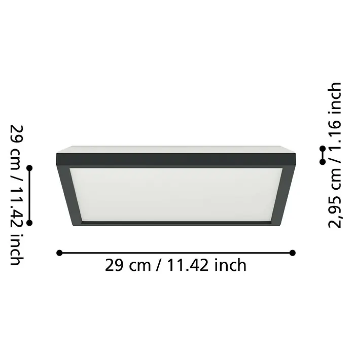 Eglo Connect LED-Deckenleuchte Rovito-Z - 13,4 W, L x B x H: 29 x 29 x 3 cm, Schwarz, RGBW - Produktbild einer quadratischen Deckenleuchte in Schwarz mit weißen Elementen und Größenangaben.