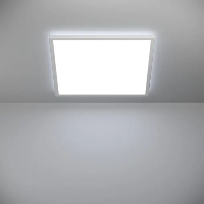 Eglo LED-Deckenleuchte Rovito - 17 W, L x B x H: 50 x 50 x 3,2 cm, Weiß, Tageslichtweiß - Nahaufnahme einer modernen, quadratischen LED-Deckenleuchte, die helles Licht in einem minimalistischen Raum spendet.