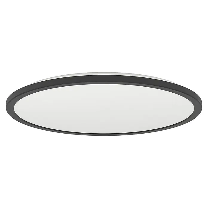 Eglo LED-Deckenleuchte rund Rovito-R - 16,8 W, Ø x H: 50 x 3,2 cm, Schwarz, Tageslichtweiß - Nahaufnahme einer runden, flachen LED-Deckenleuchte mit einem schlichten, dunklen Rahmen auf einem dunklen Hintergrund.
