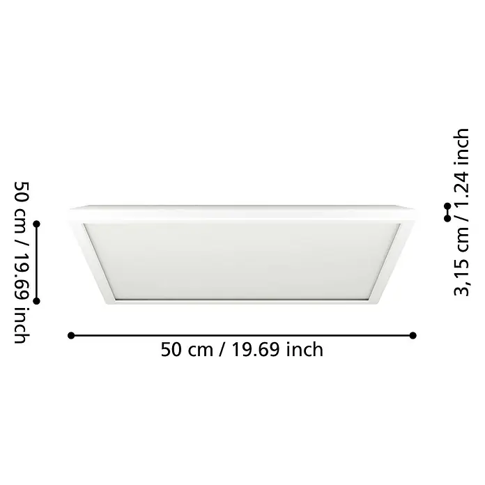 Eglo LED-Deckenleuchte Rovito - 17 W, L x B x H: 50 x 50 x 3,2 cm, Weiß, Tageslichtweiß - Produktbild einer weißen Deckenleuchte mit Maßangaben zu Länge, Breite und Höhe in Zentimetern und Zoll.