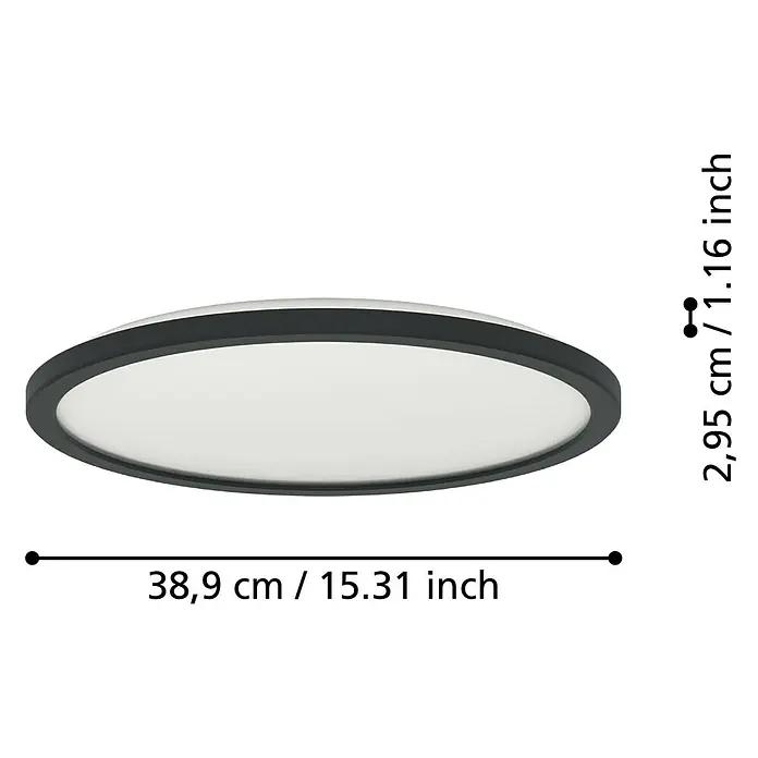 Eglo LED-Deckenleuchte rund Rovito-R - 18,5 W, Ø x H: 38,9 x 3 cm, Schwarz, Tageslichtweiß - Produktbild einer runden LED-Deckenleuchte mit den Maßen 38,9 cm Durchmesser und 2,95 cm Höhe.