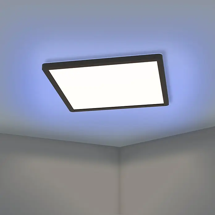 Eglo Connect LED-Deckenleuchte Rovito-Z - 13,4 W, L x B x H: 29 x 29 x 3 cm, Schwarz, RGBW - Eine quadratische LED-Deckenleuchte mit schwarzem Rahmen strahlt helles, weißes Licht in einem Raum aus und sorgt für moderne Beleuchtung.