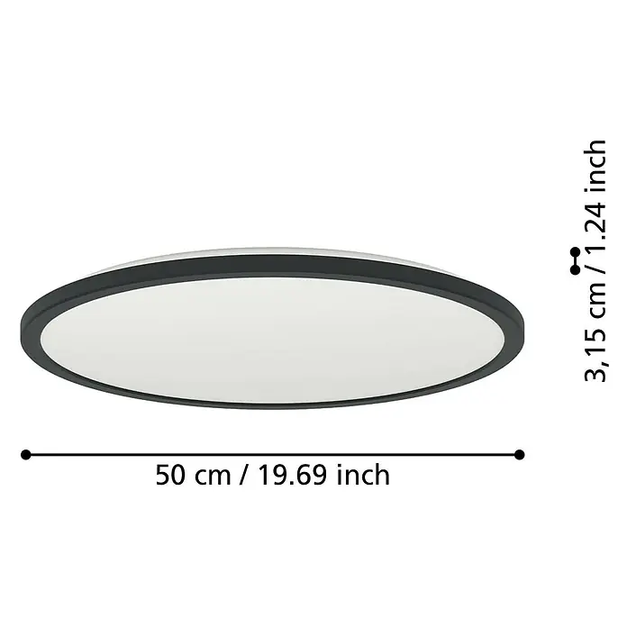 Eglo LED-Deckenleuchte rund Rovito-R - 16,8 W, Ø x H: 50 x 3,2 cm, Schwarz, Tageslichtweiß - Abbildung einer runden Deckenleuchte in Grau und Weiß mit Größenangaben.