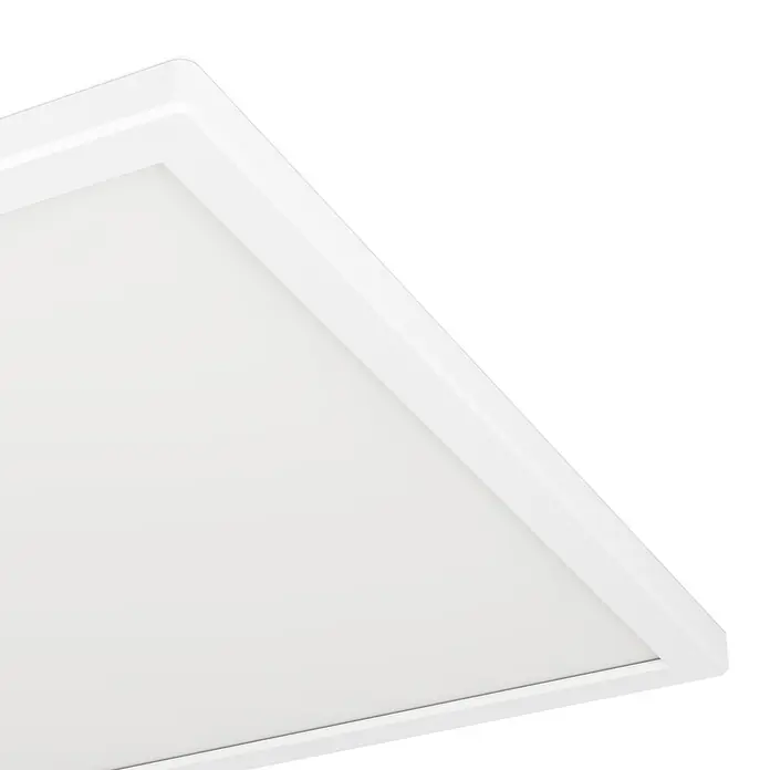Eglo LED-Deckenleuchte Rovito - 17,6 W, L x B x H: 39 x 39 x 3 cm, Weiß, Tageslichtweiß - Nahaufnahme eines weißen LED-Panels mit schmalem Rahmen, ideal für moderne Beleuchtungskonzepte und eine elegante Raumgestaltung.