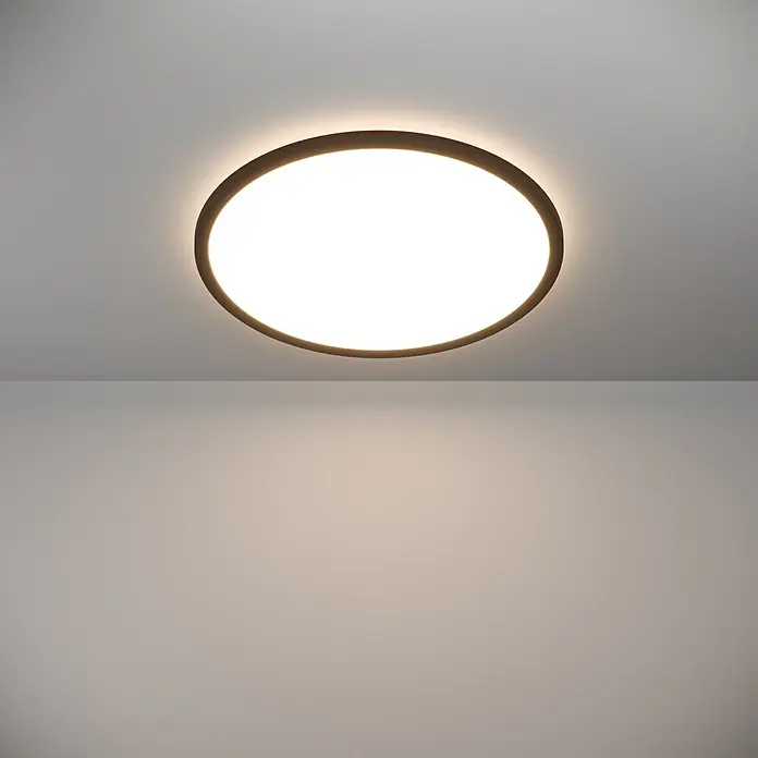 Eglo LED-Deckenleuchte rund Rovito-R - 16,8 W, Ø x H: 50 x 3,2 cm, Schwarz, Tageslichtweiß - Eine moderne, runde Deckenleuchte mit einem schlanken, dunklen Rahmen, die ein warmes, diffuses Licht abgibt.