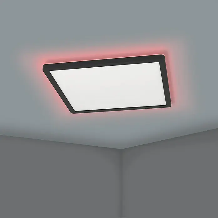 Eglo Connect LED-Deckenleuchte Rovito-Z - 13,4 W, L x B x H: 29 x 29 x 3 cm, Schwarz, RGBW - Moderne Deckenleuchte mit schwarzem Rahmen und roter Hintergrundbeleuchtung. Perfekt für stilvolle Beleuchtung in jedem Raum.