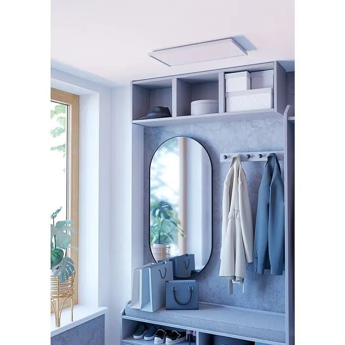 Eglo LED-Deckenleuchte Rovito - 17,2 W, L x B x H: 57 x 30 x 3 cm, Weiß, Tageslichtweiß - Ein eleganter Flur mit stilvollem Schuhschrank, ovalem Spiegel und Hängevorrichtung für Jacken, ideal für einen organisierten Eingangsbereich.