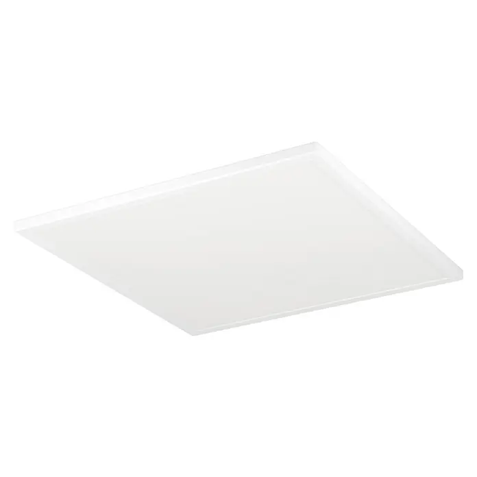 Eglo LED-Deckenleuchte Rovito - 17 W, L x B x H: 50 x 50 x 3,2 cm, Weiß, Tageslichtweiß - Aufnahme einer modernen quadratischen LED-Deckenleuchte, ideal für Büro- oder Wohnbereiche, die ein helles und gleichmäßiges Licht bietet.