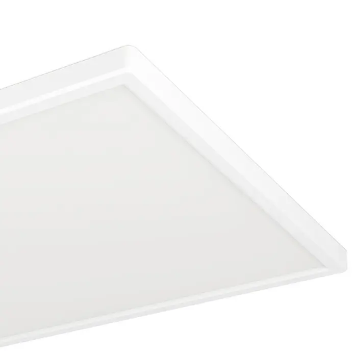 Eglo LED-Deckenleuchte Rovito - 17,2 W, L x B x H: 57 x 30 x 3 cm, Weiß, Tageslichtweiß - Nahaufnahme einer quadratischen LED-Panel-Leuchte mit weißem Rahmen, ideal für moderne Innenräume und energieeffiziente Beleuchtung.