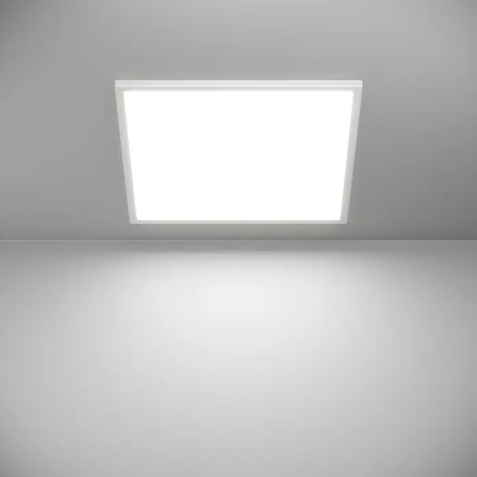 Eglo Connect LED-Deckenleuchte Rovito-Z - 17 W, L x B x H: 50 x 50 x 3,2 cm, Weiß, RGBW - Eine quadratische LED-Deckenleuchte strahlt helles Licht in einem modernen Raum. Das minimalistische Design sorgt für eine angenehme Atmosphäre.