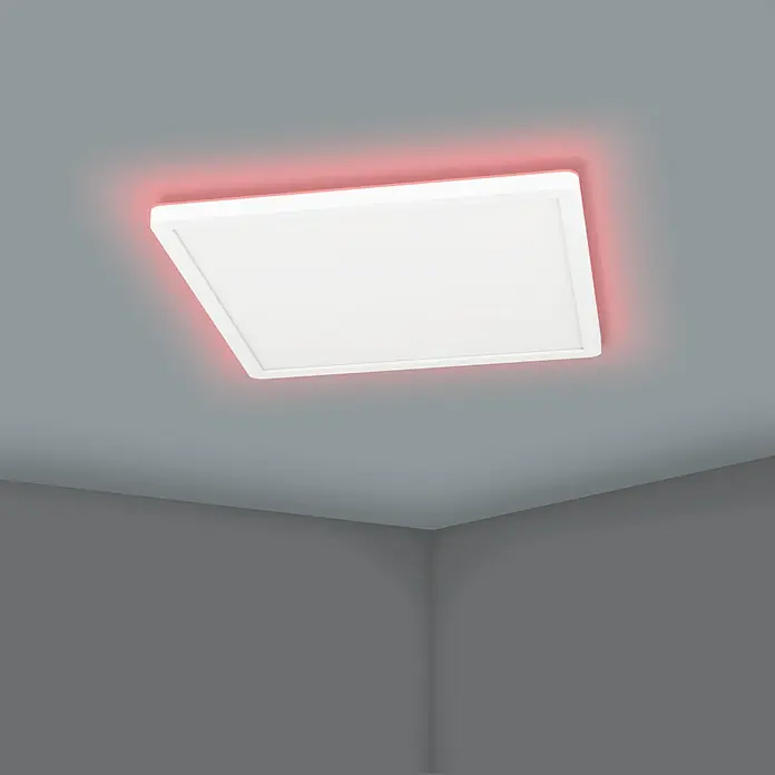 Eglo Connect LED-Deckenleuchte Rovito-Z - 13,4 W, L x B x H: 29 x 29 x 3 cm, Weiß, RGBW - Diese Aufnahme zeigt eine moderne, quadratische LED-Deckenleuchte mit einem roten Lichteffekt. Sie ist ein stilvolles Beleuchtungselement.