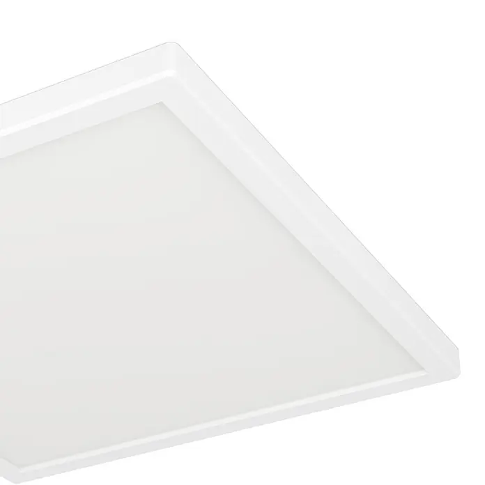 Eglo Connect LED-Deckenleuchte Rovito-Z - 13,4 W, L x B x H: 29 x 29 x 3 cm, Weiß, RGBW - Nahaufnahme einer quadratischen LED-Flächenleuchte mit weißem Rahmen, ideal für moderne Innenräume. Das Licht ist gleichmäßig und hell.