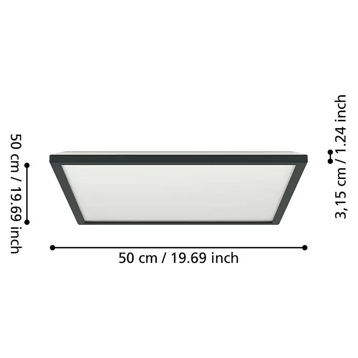 Eglo Connect LED-Deckenleuchte Rovito-Z - 17 W, L x B x H: 50 x 50 x 3,2 cm, Schwarz, RGBW - Abbildung einer Deckenleuchte mit Maßangaben, die eine detaillierte Ansicht der Produktabmessungen für interessierte Käufer bietet.