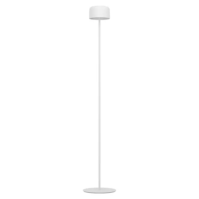 Eglo Solar-Stehleuchte Roccanova-L - Weiß, IP44, Ø x H: 13,5 x 120 cm - Diese Aufnahme zeigt eine minimalistische, weiße Stehlampe auf einem schwarzen Hintergrund. Das Design ist schlicht und elegant.
