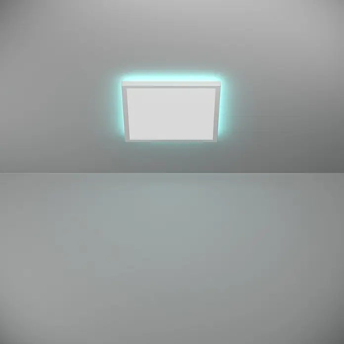 Eglo Connect LED-Deckenleuchte Rovito-Z - 13,4 W, L x B x H: 29 x 29 x 3 cm, Weiß, RGBW - Nahaufnahme einer LED-Deckenleuchte, die ein subtiles blaues Leuchten ausstrahlt, montiert an einer grauen Decke für moderne Beleuchtung.