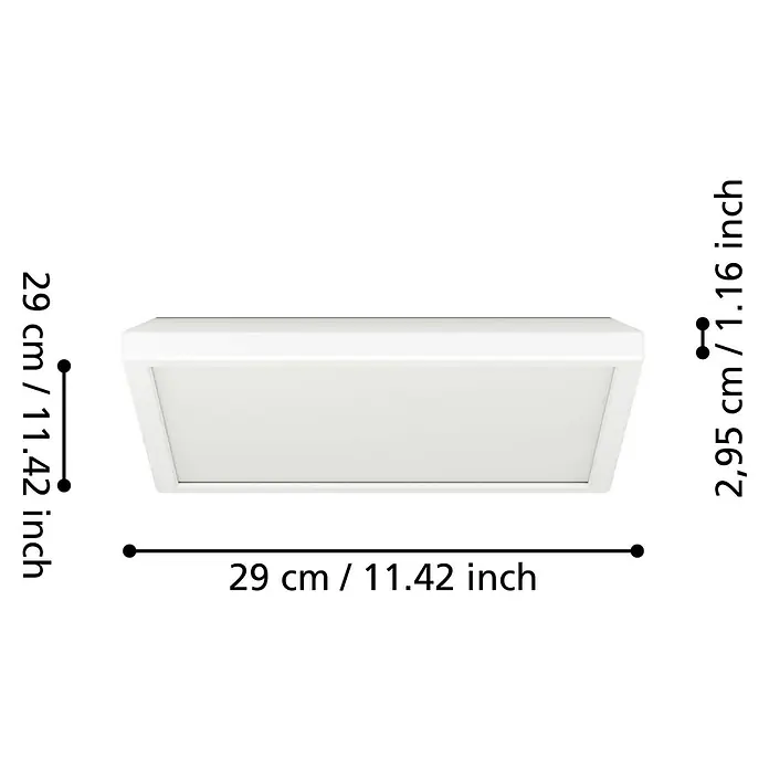 Eglo Connect LED-Deckenleuchte Rovito-Z - 13,4 W, L x B x H: 29 x 29 x 3 cm, Weiß, RGBW - Abbildung einer weißen Deckenleuchte mit Maßangaben zu den Abmessungen.