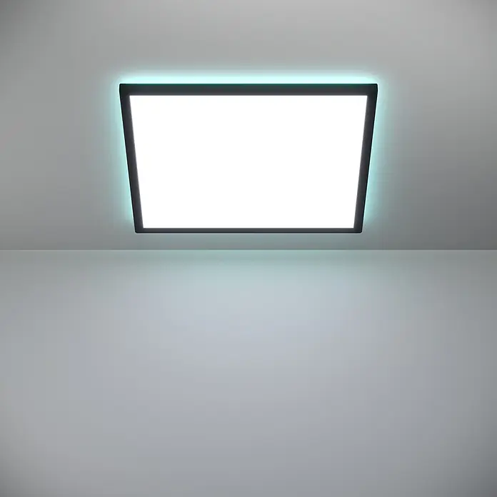 Eglo Connect LED-Deckenleuchte Rovito-Z - 17 W, L x B x H: 50 x 50 x 3,2 cm, Schwarz, RGBW - Deckenleuchte in quadratischer Form mit blauer Umrandung, die ein helles, gleichmäßiges Licht in den Raum wirft.