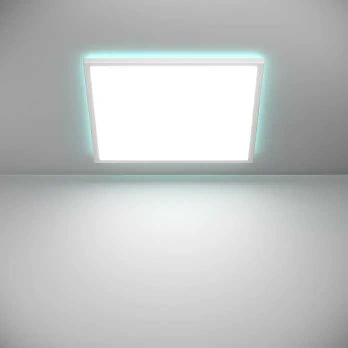 Eglo Connect LED-Deckenleuchte Rovito-Z - 17 W, L x B x H: 50 x 50 x 3,2 cm, Weiß, RGBW - Deckenleuchte mit rechteckigem Design und blauer Hintergrundbeleuchtung, die ein helles, gleichmäßiges Licht in einem modernen Raum bietet.