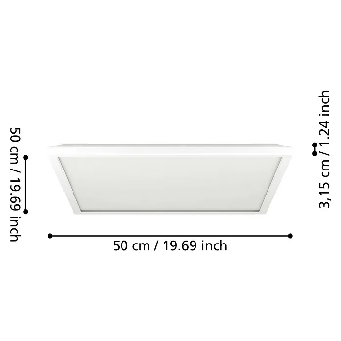 Eglo Connect LED-Deckenleuchte Rovito-Z - 17 W, L x B x H: 50 x 50 x 3,2 cm, Weiß, RGBW - Abmessungen der weißen Deckenleuchte mit 50 cm Länge/Breite und 3,15 cm Höhe.