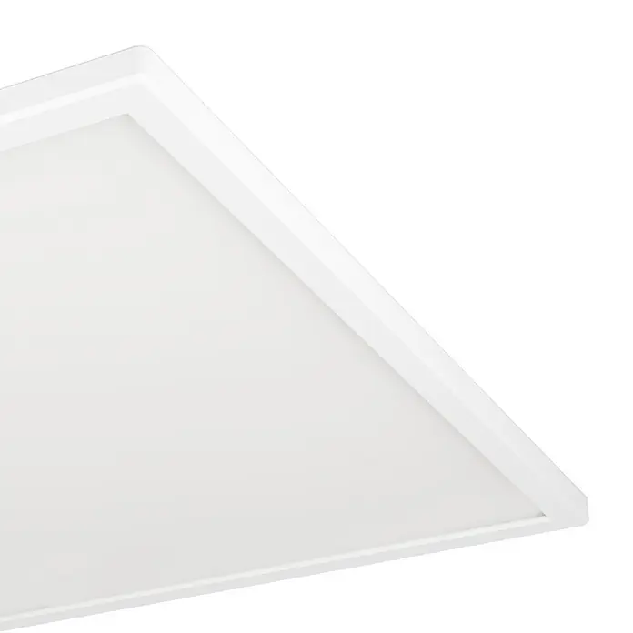 Eglo Connect LED-Deckenleuchte Rovito-Z - 17 W, L x B x H: 50 x 50 x 3,2 cm, Weiß, RGBW - Nahaufnahme einer quadratischen LED-Deckenleuchte mit weißem Rahmen vor schwarzem Hintergrund.