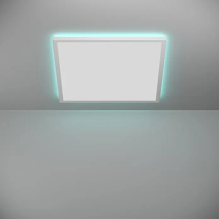 Eglo Connect LED-Deckenleuchte Rovito-Z - 17 W, L x B x H: 50 x 50 x 3,2 cm, Weiß, RGBW - Das Bild zeigt eine moderne, quadratische Deckenleuchte mit einem sanften, blauen Lichtschein, der eine elegante Atmosphäre erzeugt.