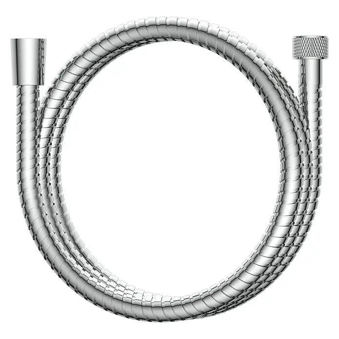 Camargue Brause-Set - Anzahl Funktionen: 3 Stk., Chrom, Glänzend - Bild einer flexiblen Metallbrauseschlauch mit gerändelten Enden auf schwarzem Hintergrund.